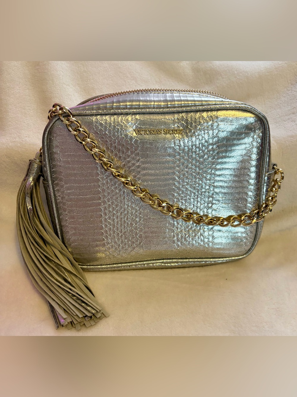 Victoria's Secret Iridescent Silver Crossbody Bag with Gold Chain